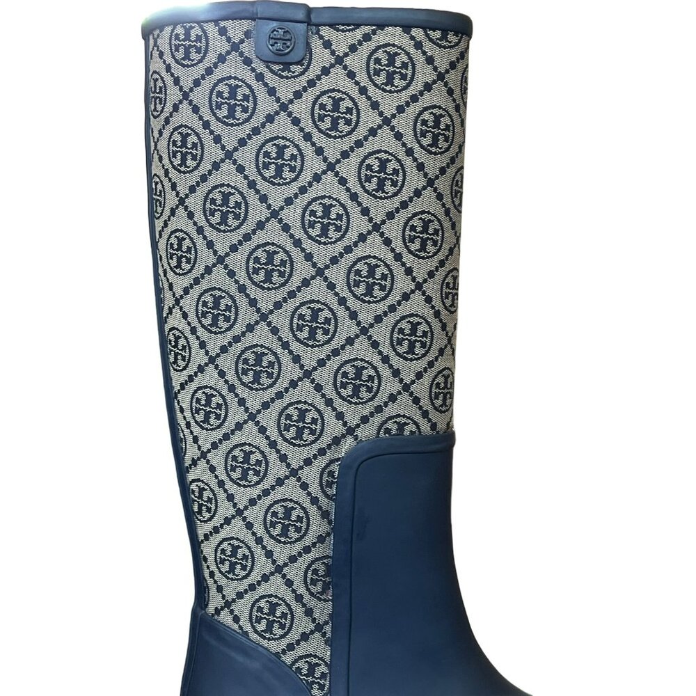 T-132. Tory Burch T Monogram Hurricane Tall Boot Perfect Navy - Picture 6 of 7